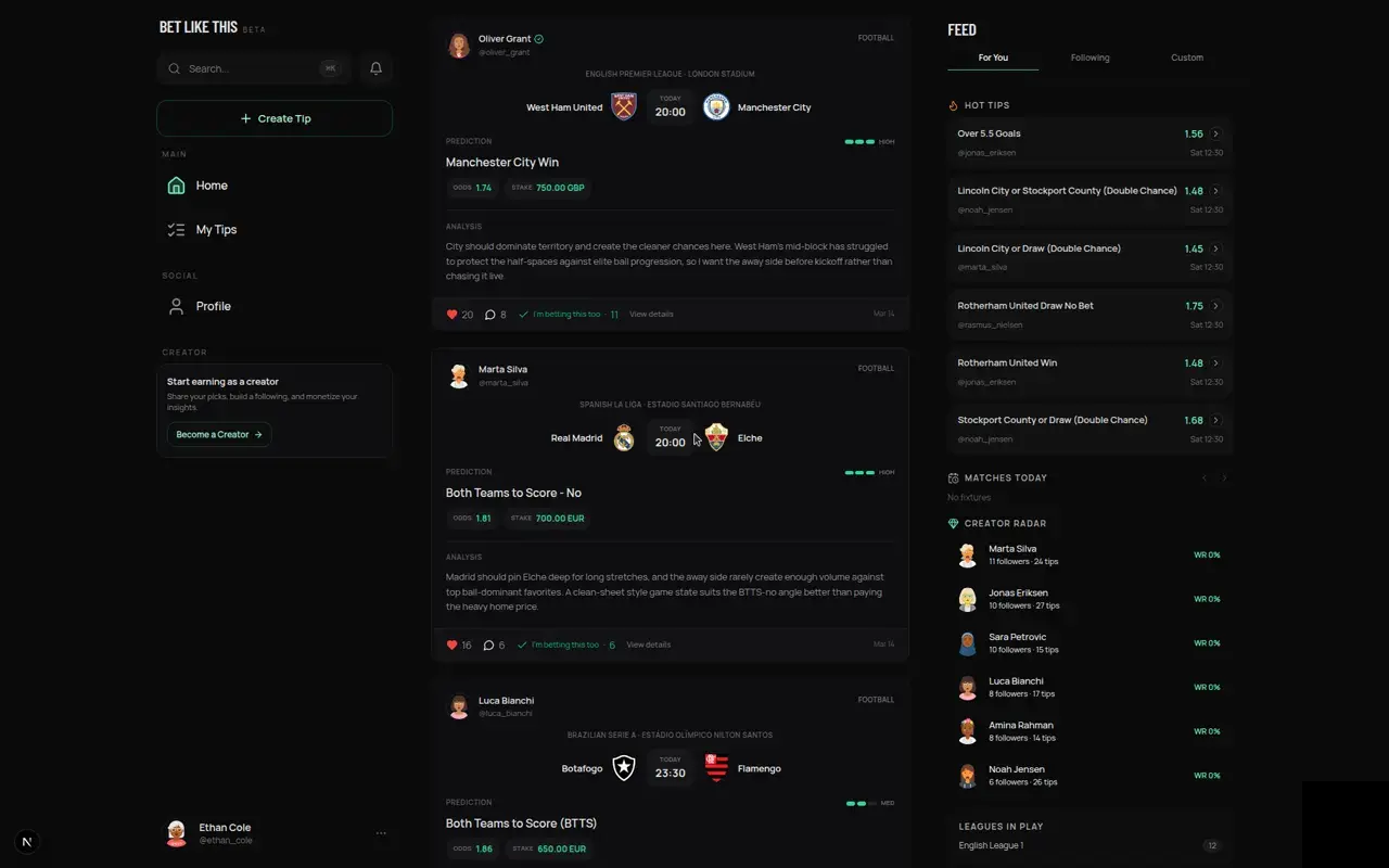 Bet Like This dashboard feed preview